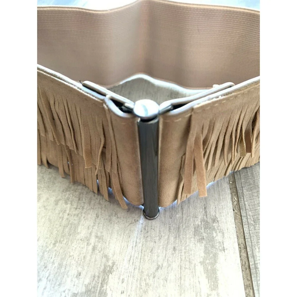 Stretch Elastic Waist Wide Belt Cummerbund Tan Faux Suede Fringe Boho M